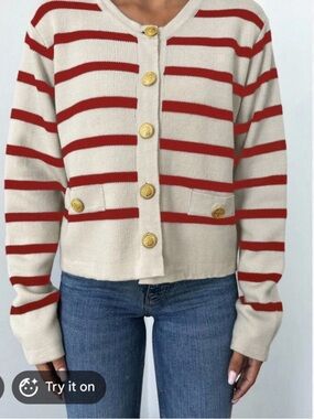 Cream and Red Striped Button-Front Women's Sweater Medium